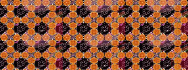 Turuncu ve siyah renklerde etnik çiçeklerle kusursuz bir desen. Asya Tekstil 'inde Raster Çiçek İllüstrasyonu.
