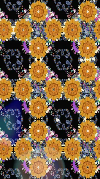 El çizimi çiçek çizimi deseni (fayans). Şirin çiçekli, desenli, siyah renkli renkli bir eskiz. Tekstil için suluboya çizim deseni.