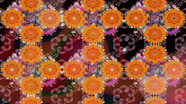 Eskiz klasiği. Renkli Bahar Teması eskiz kalıbı. Düz Çiçek Elementleri Tasarımı. Raster Şirin kumaş deseni.