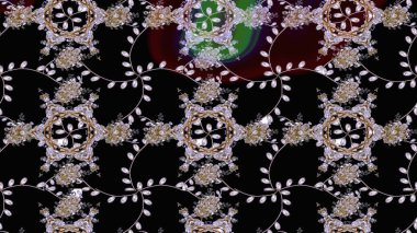 Yapraklı çiçekler ve papatya çiçekli siyah renkte papatyalar. Raster - stok. Taslak arkaplan deseni.