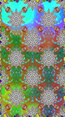 Raster illüstrasyonu. Çiçeklerle suluboya desenli çiçek deseni. Yeşil ve gri renkli güzel tekstil.