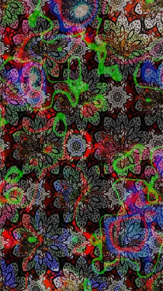 Raster illüstrasyonu. Eski moda arka plan. Kıvırcık, parlak örgü. Güzel, parlak, pürüzsüz kumaş, tuval. Desen, çizim, çiçek sınırı. Çiçeklerin çelengi.