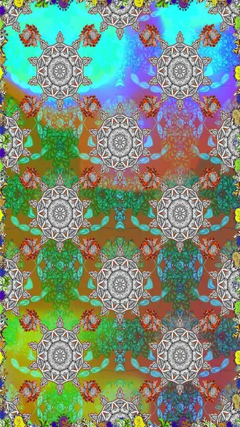 Raster illüstrasyonu. Çiçeklerle suluboya desenli çiçek deseni. Yeşil ve gri renkli güzel tekstil.