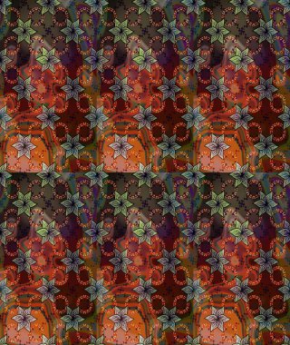 Raster Illustrasyon 'da moda olmayan çiçek deseni. Renkli Yaz Temalı Kusursuz Arkaplan. Kahverengi ve yeşil renkli çiçekler. Düz Çiçek Elementleri Tasarımı.