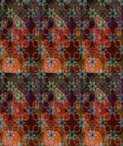 Raster Illustrasyon 'da moda olmayan çiçek deseni. Renkli Yaz Temalı Kusursuz Arkaplan. Kahverengi ve yeşil renkli çiçekler. Düz Çiçek Elementleri Tasarımı.