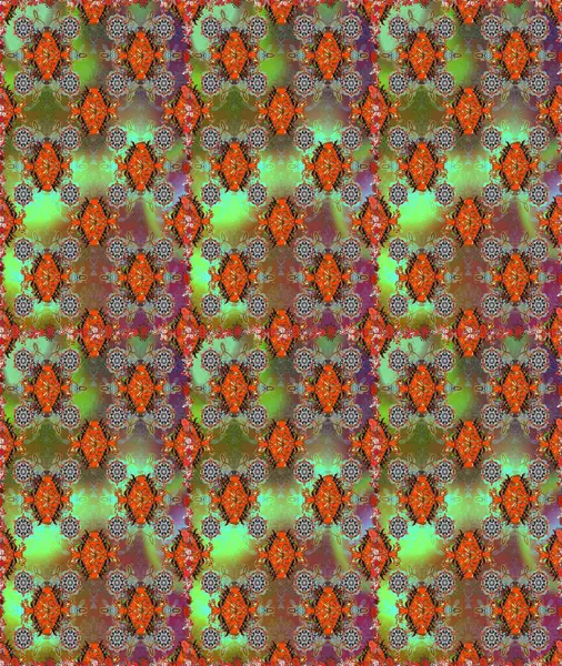 Raster - stok. Kusursuz bir arka plan modeli. Yapraklı çiçekler ve papatya çiçekleri kahverengi ve yeşil renklerde.