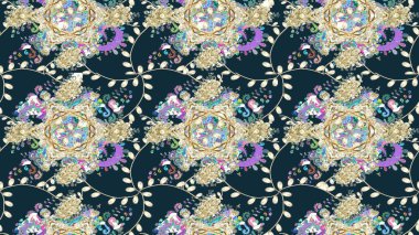 Mavi renkli çiçekler. Renkli Bahar Teması eskiz kalıbı. Raster illüstrasyonundaki çiçek desenli çizim. Düz Çiçek Elementleri Tasarımı.