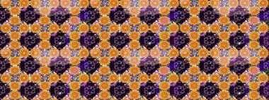 Raster illüstrasyonu. Siyah ve sarı renklere karalamalar çizen kusursuz çiçek deseni..