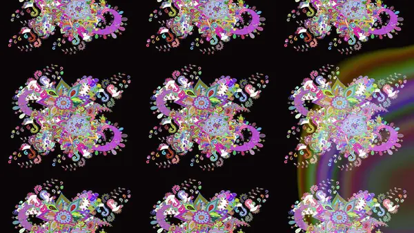 Şirin çiçekli eskiz deseni ve siyah renkli yapraklar, suluboya çiçek deseni, duvar kağıdı, kart veya kumaş için fayanslı. Raster illüstrasyonu.