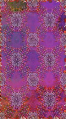 Renkli Bahar Temalı Kusursuz Arkaplan. Mor ve mor renkli çiçekler. Düz Çiçek Elementleri Tasarımı. Raster illüstrasyonu. Kusursuz çiçek deseni. Asya tekstil tarzında.