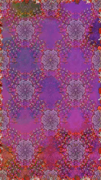 Renkli Bahar Temalı Kusursuz Arkaplan. Mor ve mor renkli çiçekler. Düz Çiçek Elementleri Tasarımı. Raster illüstrasyonu. Kusursuz çiçek deseni. Asya tekstil tarzında.