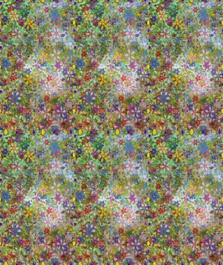 Raster illüstrasyonu. Yeşil ve nötr renklerde Asya tekstil tarzında. Kusursuz çiçek deseni.