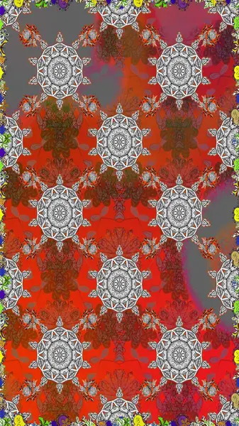 Raster Illustrasyon 'da moda olmayan çiçek deseni. Renkli Yaz Temalı Kusursuz Arkaplan. Düz Çiçek Elementleri Tasarımı. Gri ve kahverengi renkte çiçekler.