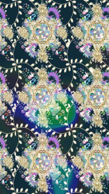 Raster Floral Illustration, Asyalı tekstil. Mavi renkli etnik çiçeklerle zarif eskiz deseni.