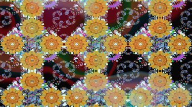 Şirin çiçekli eskiz deseni ve sarı renkli yapraklar, suluboya çiçek deseni, duvar kağıdı, kart veya kumaş için fayanslı. Raster illüstrasyonu.