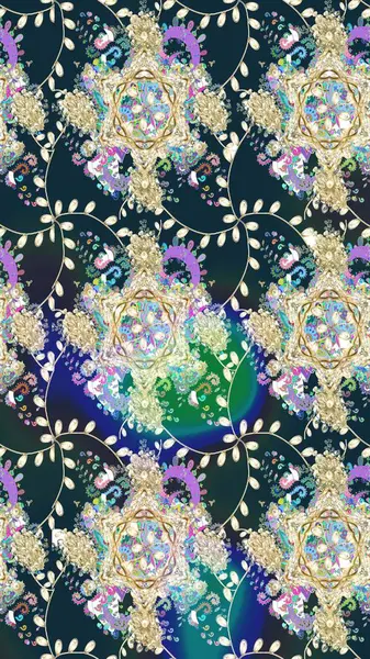 Raster Floral Illustration, Asyalı tekstil. Mavi renkli etnik çiçeklerle zarif eskiz deseni.