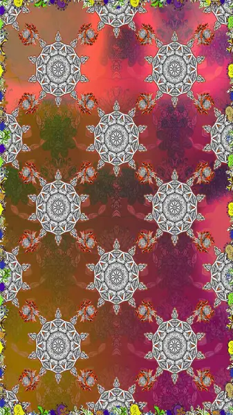 Eski moda arka plan. Kıvırcık, parlak örgü. Güzel, parlak, pürüzsüz kumaş, tuval. Raster illüstrasyonu. Şablon, pürüzsüz, çiçekli kenar. Çiçeklerin çelengi.