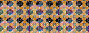 Moda baskıları için zarif bir şablon. Halk tarzı. Modern çiçek arkaplanı. Parlak renkli çiçekleri ve sarı ve mavi renkte yaprakları olan şaşırtıcı, pürüzsüz çiçek deseni..