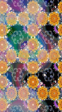 Kumaş, tekstil, duvar kağıdı baskısı için. Renkli desenli eskiz deseni, bej çiçekler ve dekoratif elementlerle. Eski usul. Raster illüstrasyonu. Taslak arkaplan.