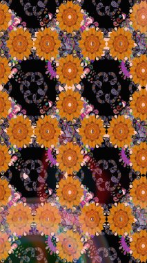 Hediye ambalaj kağıdı, tebrik kartları, posterler ve pankart tasarımı. Turuncu renkli çiçekler. Raster düz çiçek çizim deseni.