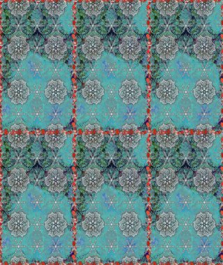 Çiçek. Raster illüstrasyonu. Mavi ve gri renklerde. Kusursuz dekoratif arka plan, çiçek mandala.