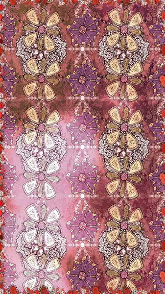 Parlak renkli fantezi çiçekleri, yapraklar, pembe ve nötr renklerde tomurcuklar pembe ve nötr. Çiçeksiz desenli, suluboya elle çizilmiş elementler..