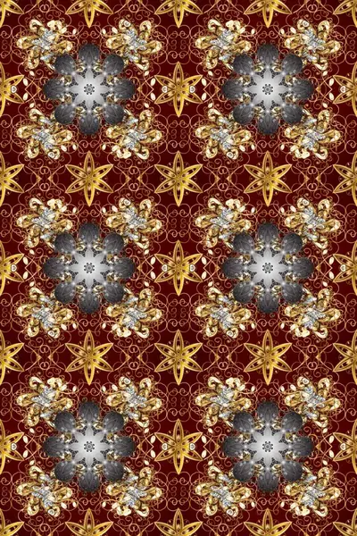 Klasik barok çiçekli, bej, kırmızı ve kahverengi üzerine altın desenli. Bej, kırmızı ve kahverengi renklerde altın element. Lüks, kraliyet ve Viktorya dönemi konsepti. Süslü raster dekorasyonu.