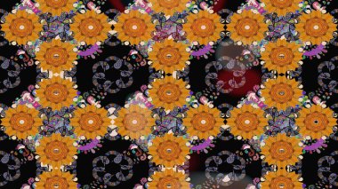 Çok renkli, zarif küçük çiçekler ve siyah renkli komik böcekler, raster desen, illüstrasyon..