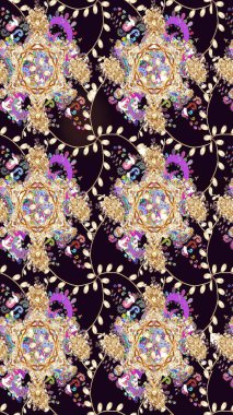 Asya tekstil tarzında. Çiçek desenli çizim. Raster illüstrasyonu. Düz Çiçek Elementleri Tasarımı. Siyah renkli çiçekler. Renkli Bahar Teması çizim şablonu.