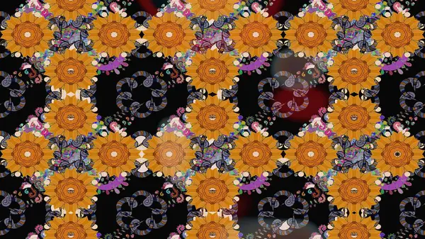 Çok renkli, zarif küçük çiçekler ve siyah renkli komik böcekler, raster desen, illüstrasyon..