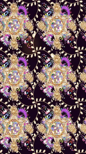 Asya tekstil tarzında. Çiçek desenli çizim. Raster illüstrasyonu. Düz Çiçek Elementleri Tasarımı. Siyah renkli çiçekler. Renkli Bahar Teması çizim şablonu.