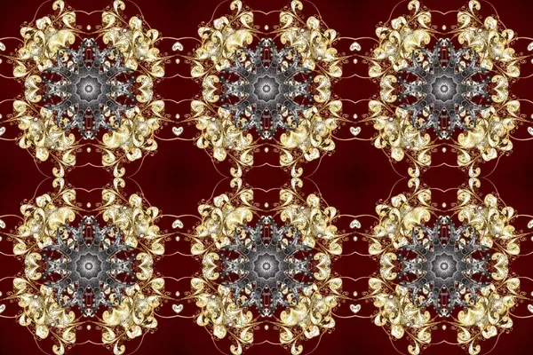 Dekoratif simetri arabesk. Kusursuz ortaçağ çiçek deseni. Raster illüstrasyonu. Kahverengi, bej ve kırmızı renklerde altın. Doğum günü, davetiye ya da afiş için tebrik kartı.