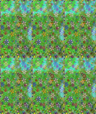 Çok yeşil ve mavi zarif küçük çiçekler ve yeşil ve mavi renkli komik böcekler, raster desen, illüstrasyon.