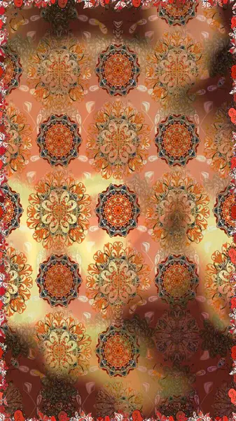 Raster Illustrasyon 'da moda olmayan çiçek deseni. Kahverengi ve turuncu renkli çiçekler. Renkli Yaz Temalı Kusursuz Arkaplan. Düz Çiçek Elementleri Tasarımı.