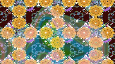 Şirin çiçek elementleri. Düz Çiçek Elementleri Tasarımı. Taslak desenli, modaya uygun kumaş deseni. Raster illüstrasyonu. Renkli Bahar Teması çizim şablonu.