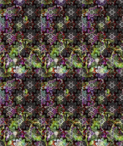 Raster Çiçek İllüstrasyonu 'nun şirin tekstili. Gri renkli etnik çiçeklerle zarif eskiz deseni.