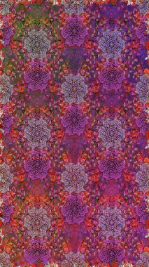 Çiçeksiz desenli nakış işlemeli gelincikler ve vadideki zambaklar. Tekstil tasarımı için mor renkli Raster geleneksel çiçek buketi.