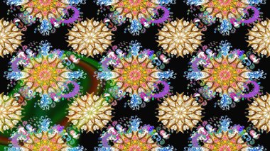 Elle çizilmiş çiçek desenli Raster çizimi. Tekstil, kumaş, ambalaj, hatıra defteri için hoş bir çiçek arkaplanı. Çocuksu tasarım. Siyah arkaplanda.