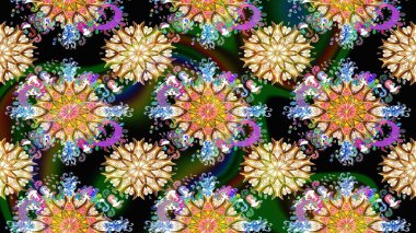 Raster illüstrasyonu. Patlayan çiçekler soyut olarak yerleştirilmiş. Raster deseni. Nazikçe, bahar çiçekleri siyah renklerde.