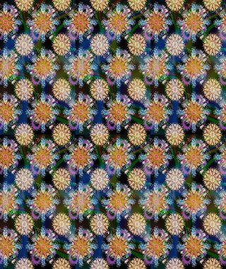 Suluboya elle çizilmiş çiçek desenli eskiz deseni. Parlak renkli fantezi çiçekleri, yapraklar, mavi renkli tomurcuklar.