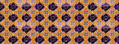 Raster illüstrasyonu. Siyah ve sarı renklere karalamalar çizen kusursuz çiçek deseni..