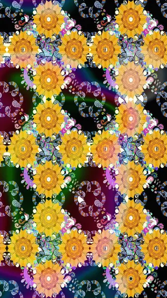 Raster suluboya çiçek deseni, narin çiçekler, sarı çiçekler, tebrik kartı şablonu. Güzel kumaş deseni.