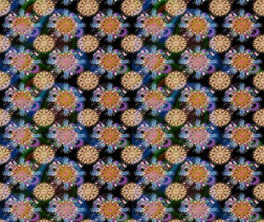 Çiçek süslemeli çizim deseni. Raster illüstrasyonu. Mavi renkte çiçekler.