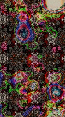 Moda baskıları için zarif bir şablon. Parlak renkli çiçekli ve siyah yapraklı harika bir çiçek deseni. Modern çiçek arkaplanı. Halk stili.