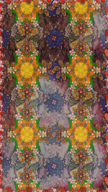 El çizimi çiçek unsurları olan soyut çizim raster deseni. Çiçekli ipek eşarp. Kahverengi ve gri üzerine kahverengi ve gri. 1950-1960 motifleri. Retro tekstil tasarım koleksiyonu.