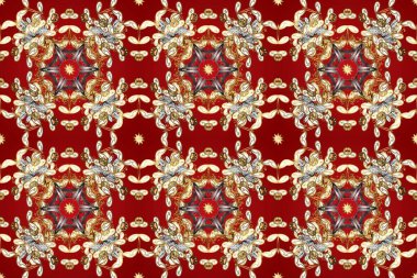 Barok tarzında duvar kağıdı tasarımı için kusursuz damaske deseni arkaplanı. Süslü raster dekorasyonu. Altın desenli kırmızı, bej ve kahverengi üzerine altın elementler.