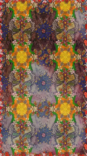 El çizimi çiçek unsurları olan soyut çizim raster deseni. Çiçekli ipek eşarp. Kahverengi ve gri üzerine kahverengi ve gri. 1950-1960 motifleri. Retro tekstil tasarım koleksiyonu.