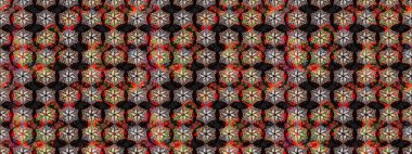 Şirin çiçekli, desenli, siyah renkli renkli bir eskiz. El çizimi çiçek çizimi deseni (fayans). Tekstil için suluboya çizim deseni.