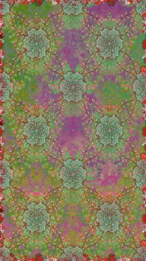 Çiçeksiz desenli nakış işlemeli gelincikler ve vadideki zambaklar. Raster geleneksel çiçek buketi yeşil ve nötr renklerde tekstil tasarımı için.