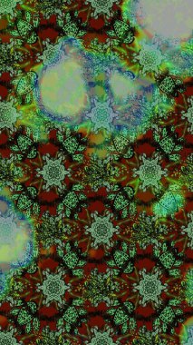 Yeşil, gri ve kahverengi renkli bitkilerden oluşan parlak çiçekli çizim deseni.